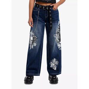HOT TOPIC Skull & Gothic Cross Dark Wash Stretch Denim Wide Leg Jeans, Size 3
